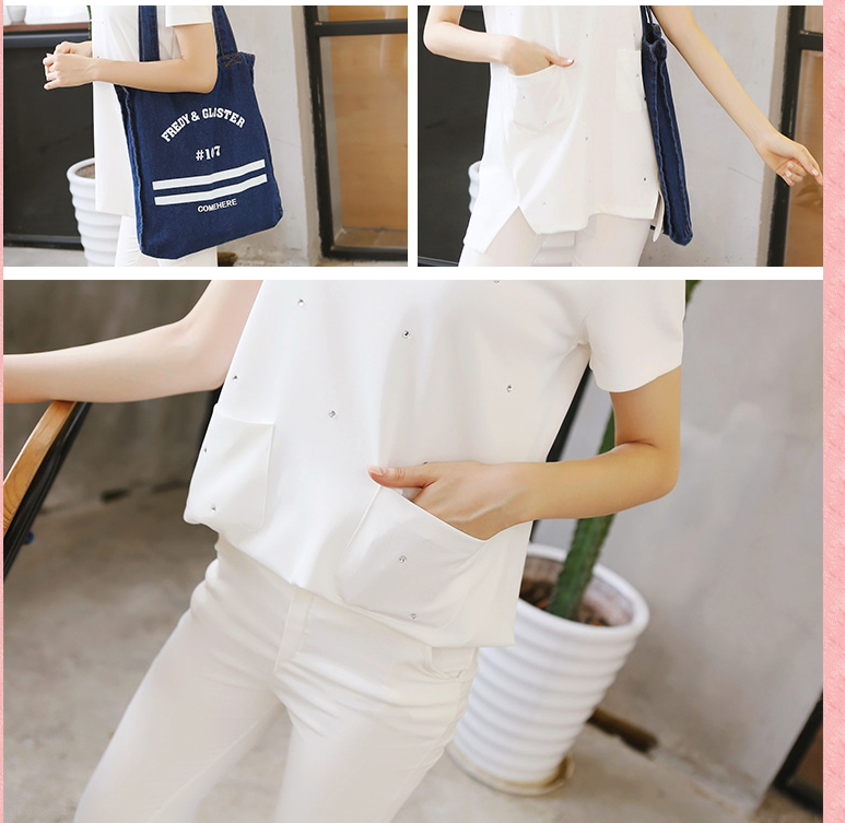 韩版圆领烫钻插袋短袖长T恤图片
