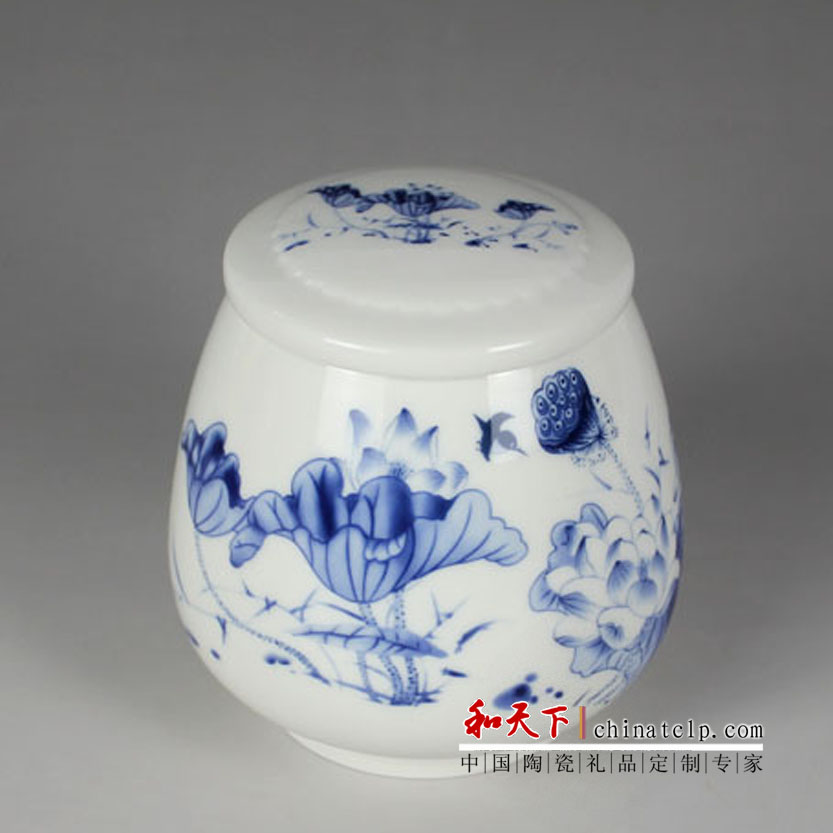 供应手绘青花釉中陶瓷茶叶罐子图片