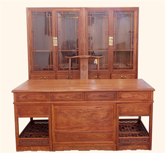 供应160檀雕书桌连椅2件套-红木书桌-缅甸花梨家具-红木家具APP-老红木家具-红木图片图片