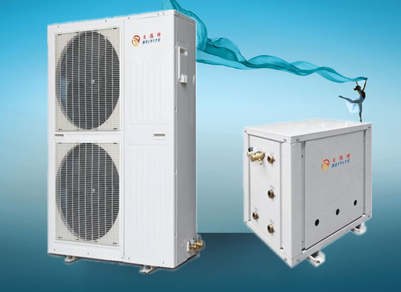 供应厂家直销分体式空气能热泵冷暖机组利用喷气増焓技术，使产品可至于零下二十五的到四十五度室外环境工作高效漩涡压缩机。图片