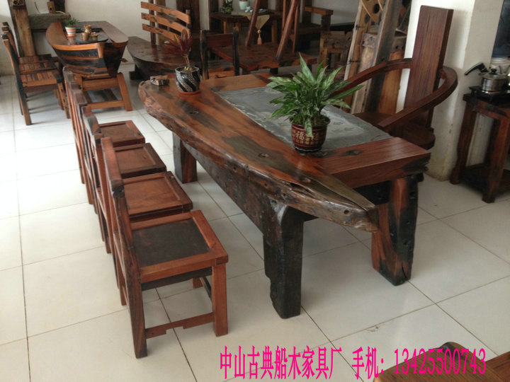 供应老船木茶桌，实木家具功夫泡茶桌椅，阳台茶桌椅组合石墨图片