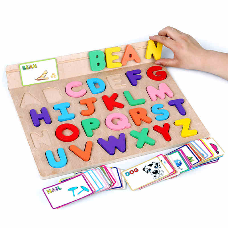 供应东莞木质拼图玩具厂家 26个字母认知板 儿童木制益智科教玩具