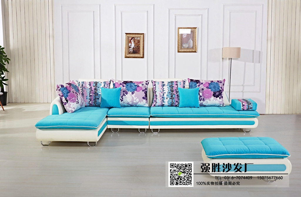 香河强胜沙发厂供应休闲布艺沙发时尚转角沙发沙发框架为全松木框架海绵为B351重体海绵图片