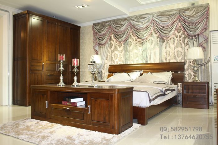 供应上海柚木家具定制 卧室成套家具纯实木双人床柚木双开门衣柜现代中式图片