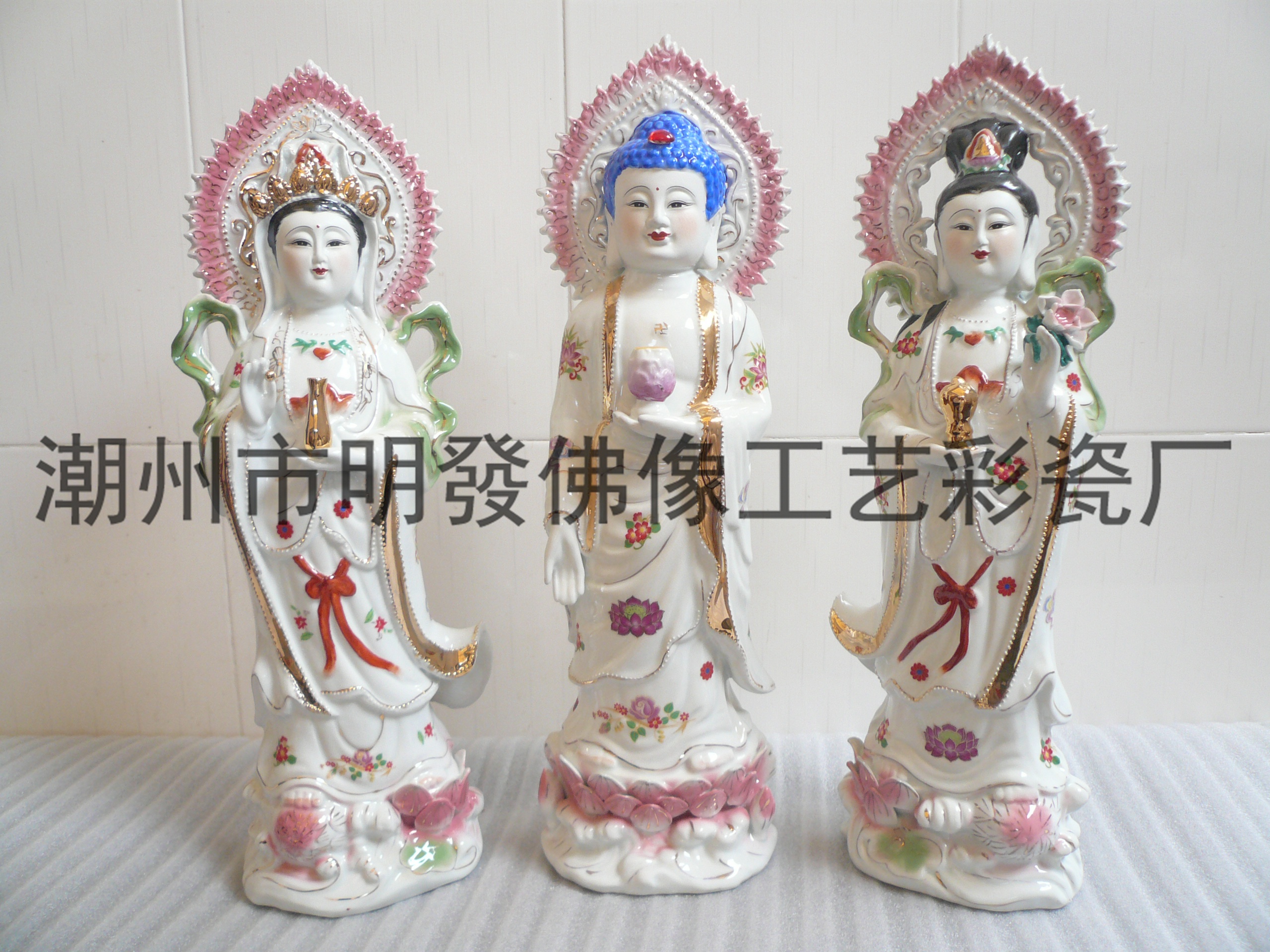 潮州明發工艺陶瓷佛像彩绘西方三圣批发