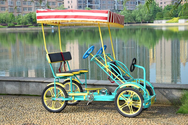 供应用于观光旅游的广州双人自行车批发奥威特豪华四轮观光车旅游方向盘一体轮双人二人联排自行车图片