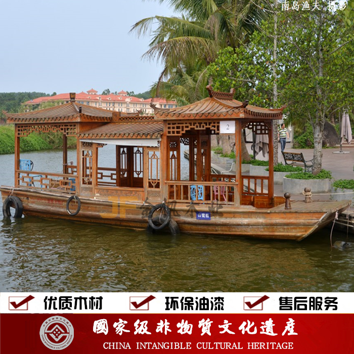 供应用于旅游观光船的新品木船水上餐厅餐饮画舫游船景区游玩船