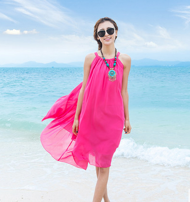 供应用于夏天海边度假的新款裙子纯色雪纺连衣裙波西米亚图片