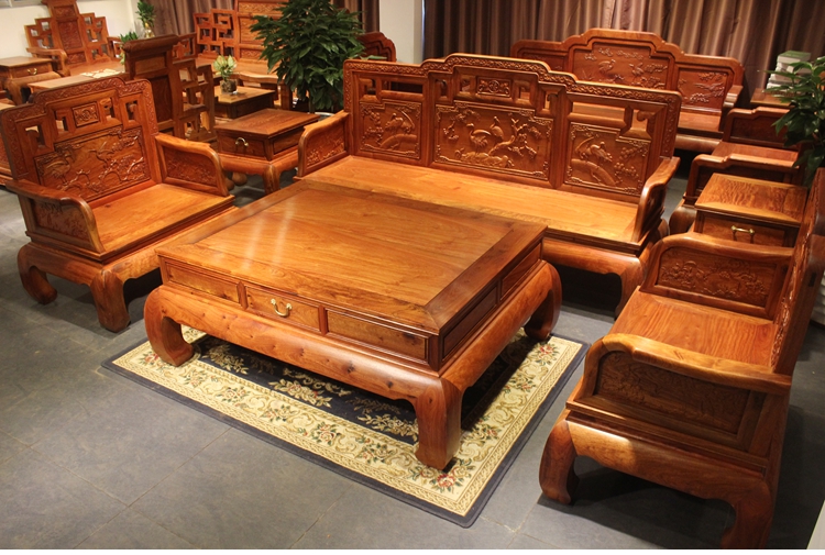 缅甸花梨实木沙发客厅红木家具古典风格组合六件套图片