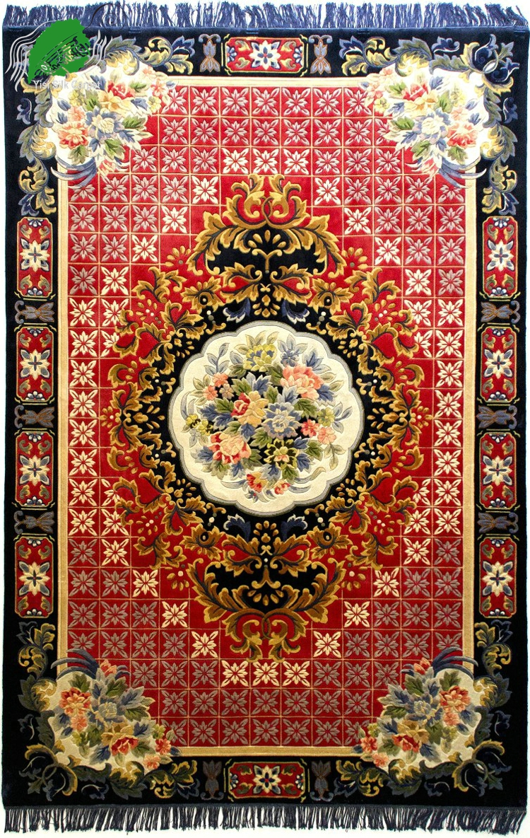 花开富贵地毯/挂毯 纯手工打结编织经典中国红牡丹喜庆几何富贵地毯/挂毯图片