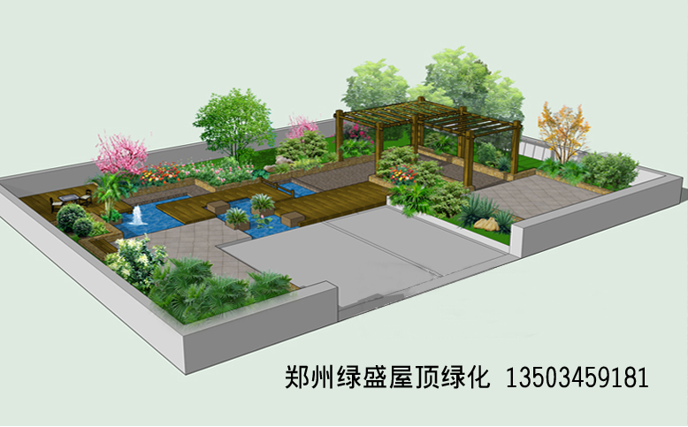 河南郑州屋顶绿化设计  阳光房设计 喷泉小木屋设计 河南郑州专业屋顶绿化设计