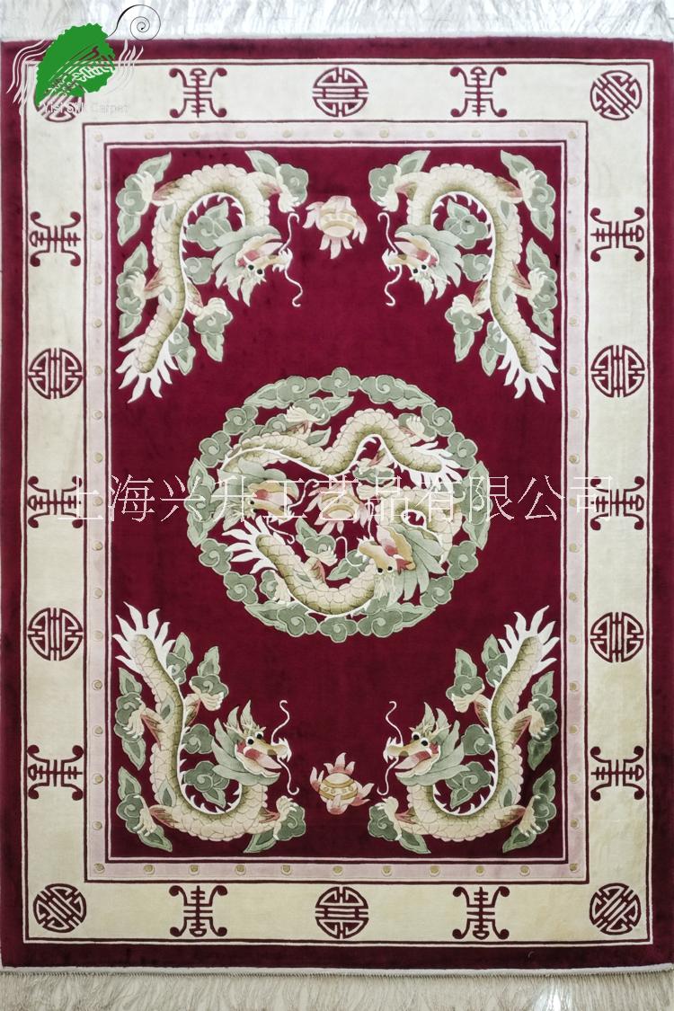亿丝经典中式红色加厚《双龙戏珠》实惠纯手工真丝地毯122x183cm