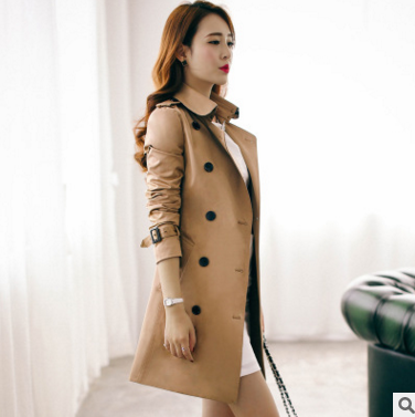 厂家批发2016春秋季新款韩版修身大码女装中长款显瘦风衣外套双排扣大衣潮图片