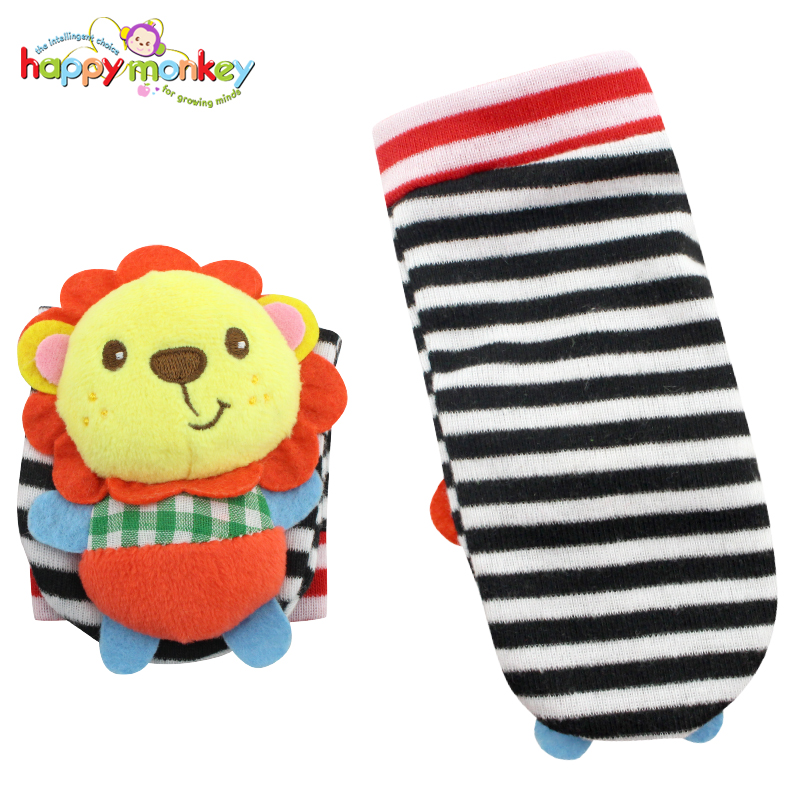 happymonkey婴儿童宝宝0-3个月动物立体摇铃袜套袜子玩具春秋宝宝卡通动物摇铃袜-男款（一对）图片