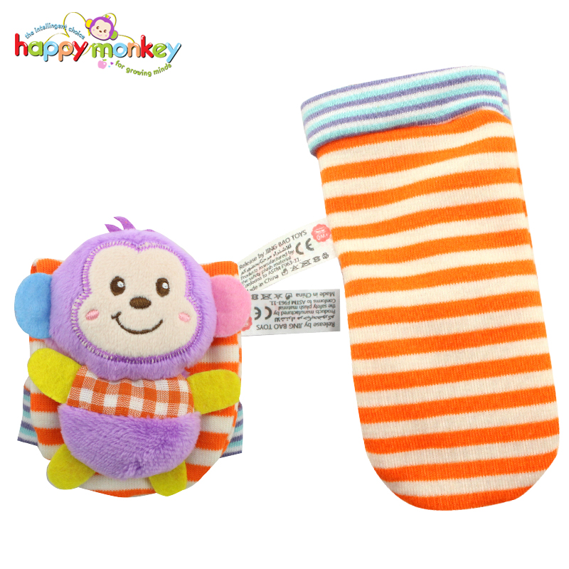 happymonkey婴儿童宝宝0-3个月动物立体摇铃袜套袜子玩具春秋 宝宝卡通动物摇铃袜-男款（一对）