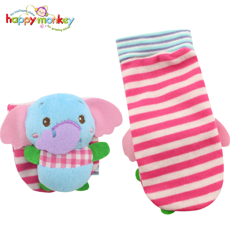 happymonkey婴儿童宝宝0-3个月动物立体摇铃袜套袜子玩具春秋 宝宝卡通动物摇铃袜-男款（一对）