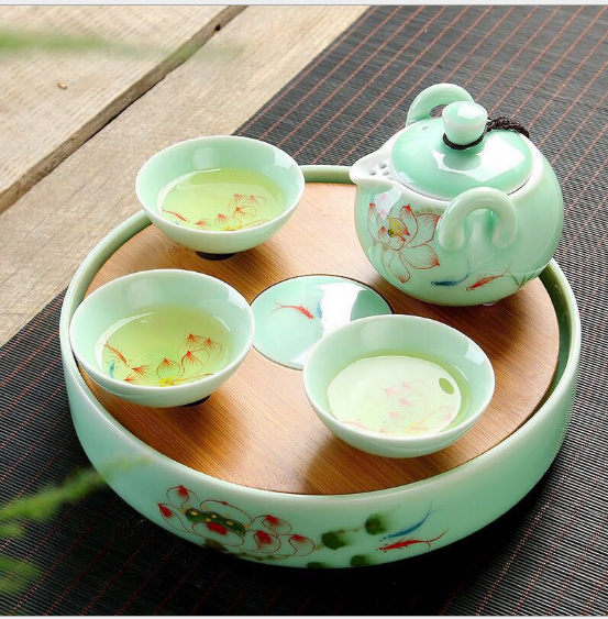 旅行茶具套装青瓷手绘茶具茶盘含竹制圆盘储水式干泡茶盘旅行包图片