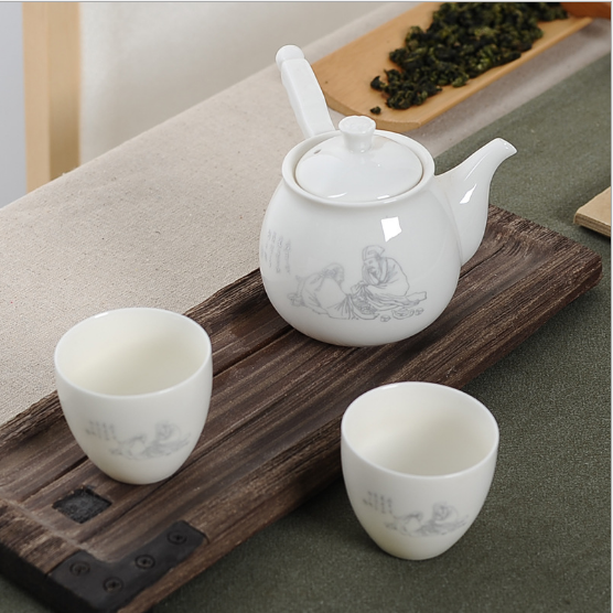 厂家直销陶瓷茶具白瓷金茶圣侧把壶一壶两杯礼盒装一件代发图片