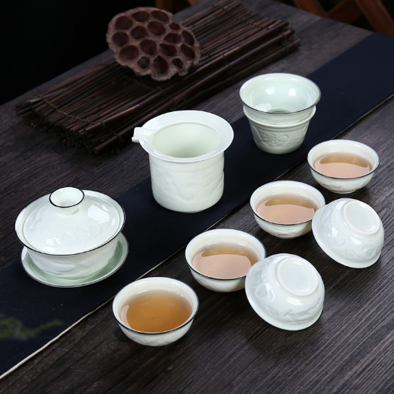 厂家直销陶瓷茶具薄胎影雕茶具高档礼盒装白瓷透光 一件代发