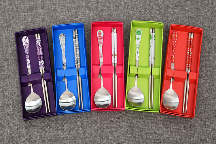 不锈钢勺筷二件套装 勺子筷子纸盒高档礼品  实木筷子