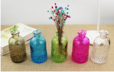 厂家直销立体雕花透明彩色玻璃花瓶精油瓶批发玻璃瓶几种色任选图片