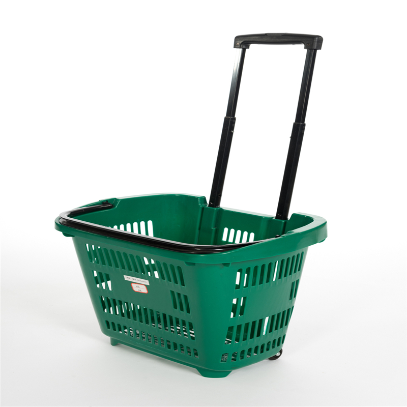 润协隆厂家批发不可折叠商场购物篮拉杆式带轮环保塑料超市购物篮