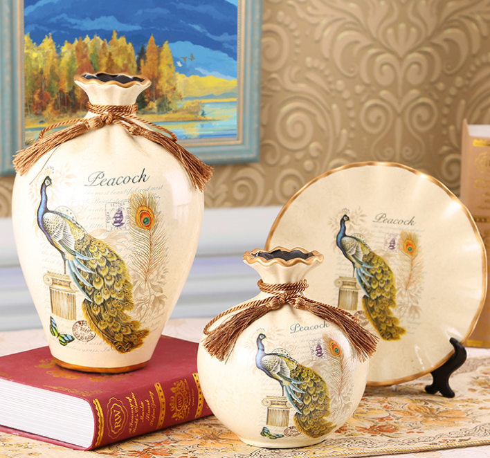 欧式彩绘陶瓷三件套花瓶 家居客厅工艺陶瓷花插精美礼品