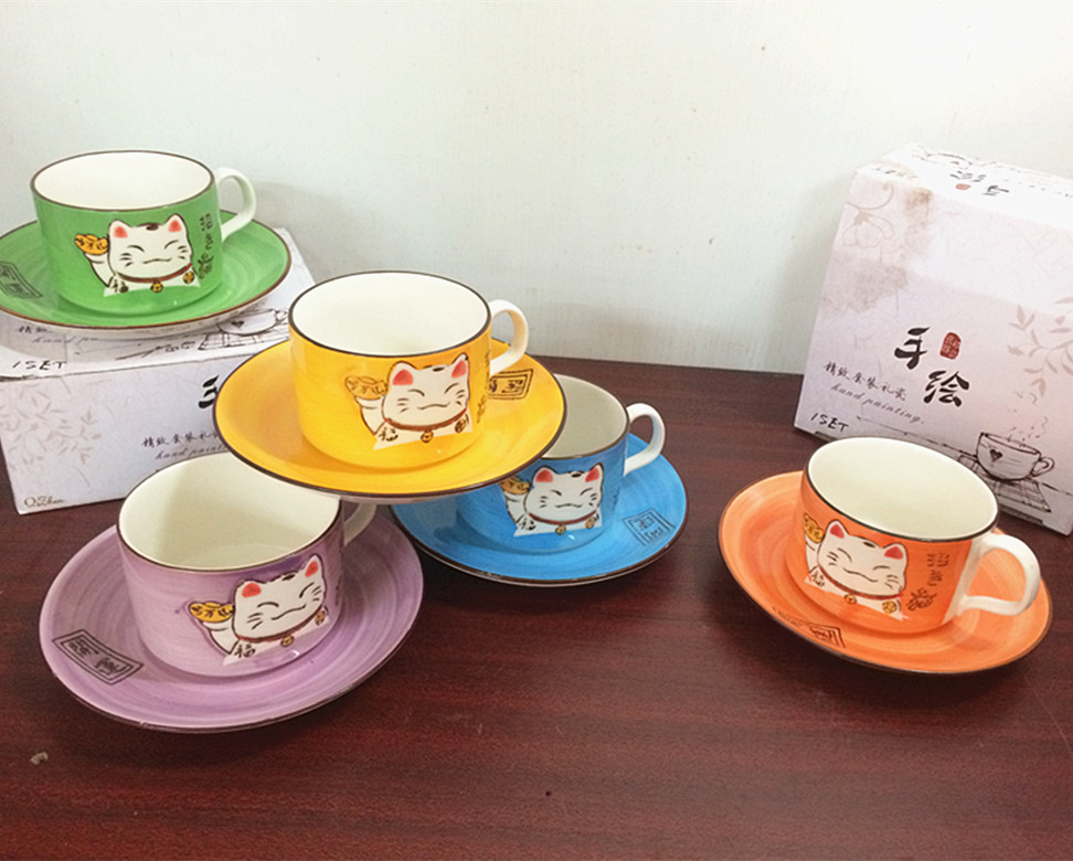创意招财猫陶瓷咖啡杯碟套装日用创意招财猫陶瓷咖啡杯碟套装礼品定图片