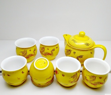 茶具套装 7头双层茶具套装批发 色釉陶瓷茶具 礼品公司 黄金龙图片