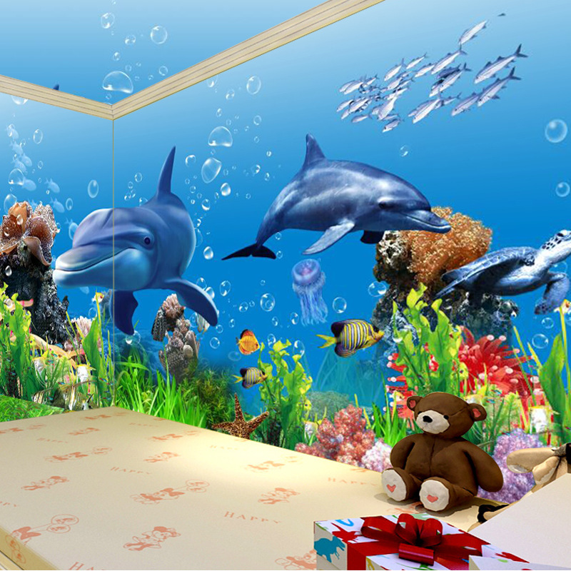 3d立体卡通海底世界主题大型壁画海豚海洋儿童房卧室背景墙纸壁纸卡通海底世界壁纸图片