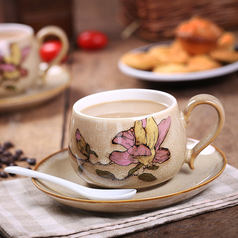 创意手绘复古陶瓷咖啡杯碟套装 家居客厅台面花式马克套杯摆件 景德镇手绘陶瓷咖啡杯碟套装摆件