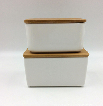 方形陶瓷密封罐 配竹盖+硅胶圈 白色简约风格高档白云土储物罐图片