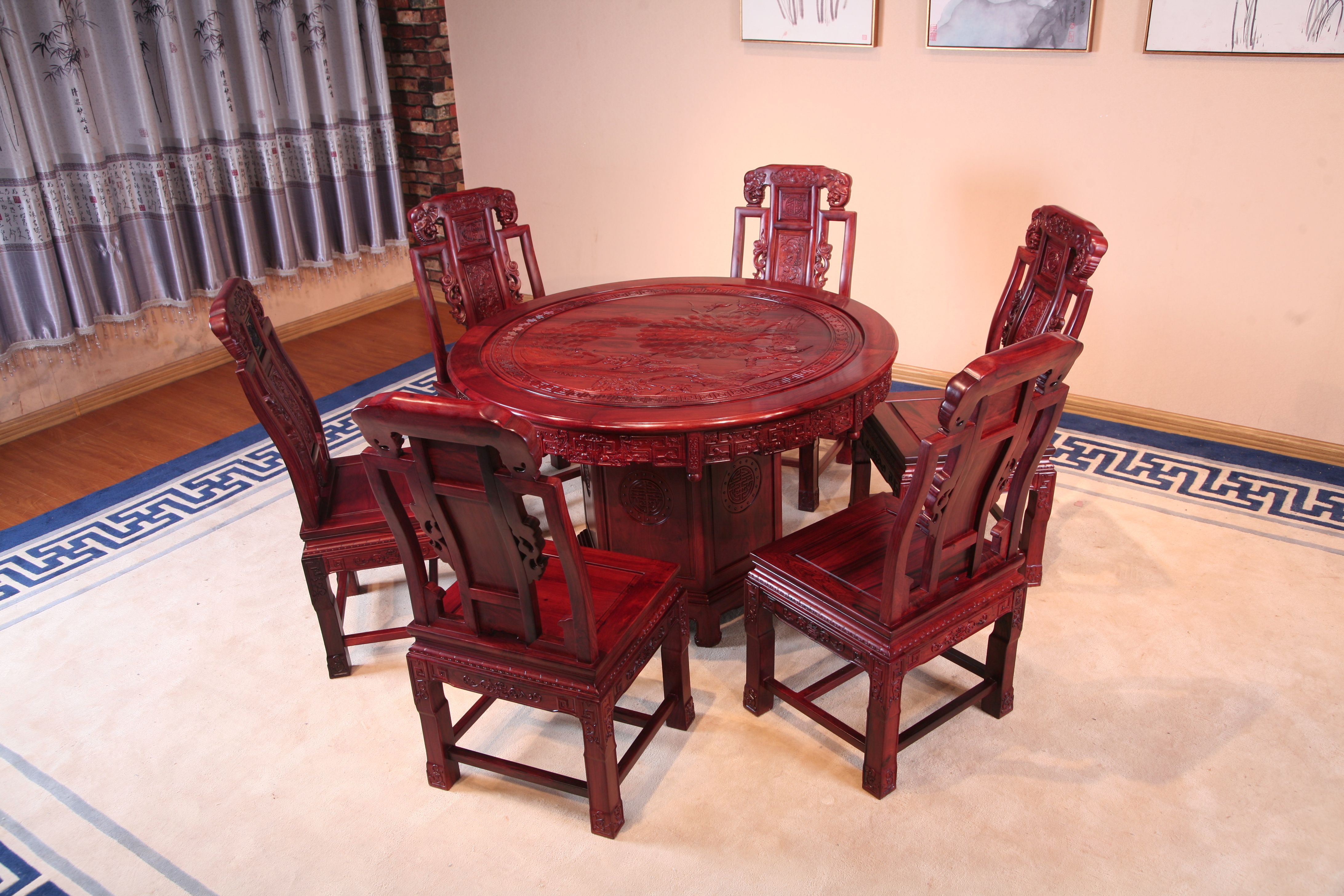 东阳和谐红木家具厂家直销红木家具大红酸枝家具东阳和谐红木大红酸枝圆桌椅组合图片