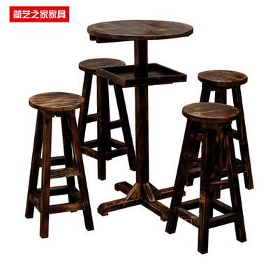 防腐碳化木酒吧桌椅 甜品店实木桌椅组合 吧台桌凳 户外咖啡桌椅图片