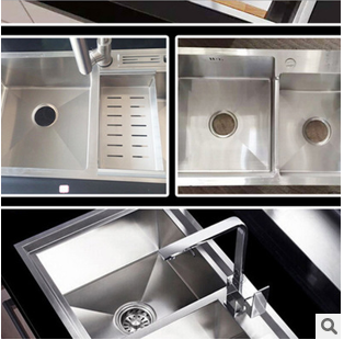 妙浴厨房双槽水槽 304不锈钢手工拉丝洗菜盆加厚水盆一体水槽