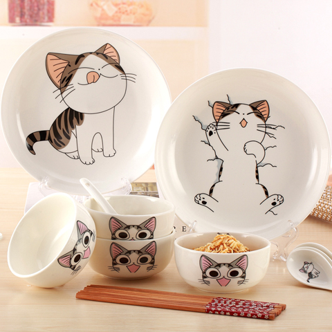 Hellokitty餐具14头叮当猫可爱卡通陶瓷碗碟套装韩式