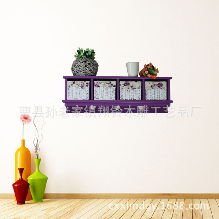 壁挂式木质储物架 墙上木质工艺品挂件 紫色小收纳盒 家居花架