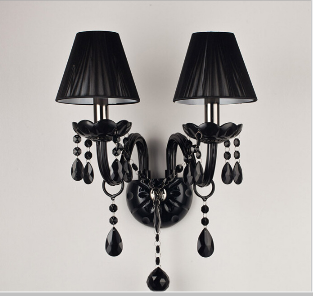 现代黑色水晶壁灯床头灯过道走廊欧式单双头蜡烛壁灯现货