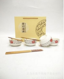 四碗四筷套装碗 手绘陶瓷四碗四筷家和富贵家用套装餐具活动礼品创意碗筷批发