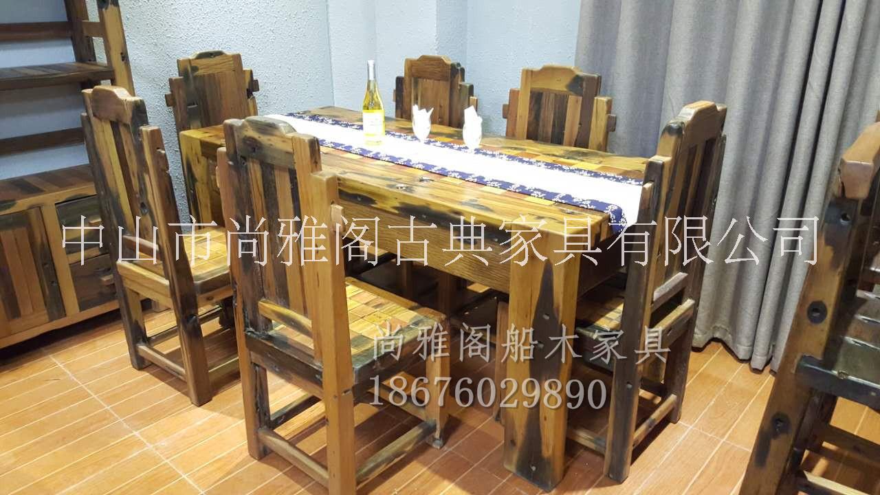 老船木餐桌椅新古船木马赛克餐台船木马赛克餐椅组合中式客厅餐台图片