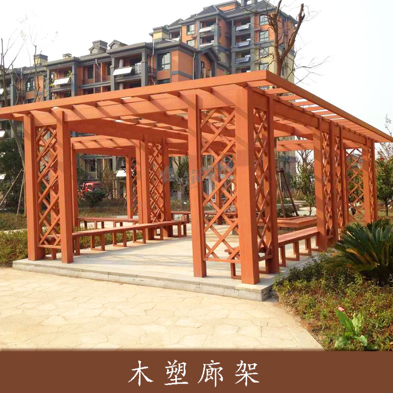 青岛园林景观工程木塑廊架制作户外木塑连廊防腐木廊架图片