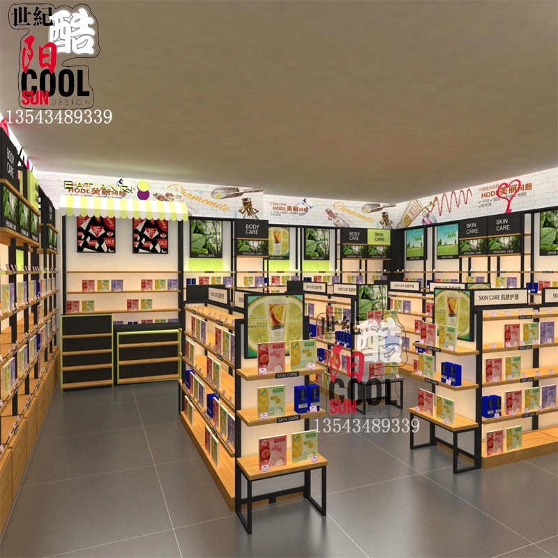 铁木结合化妆品展柜货柜货架展示柜柜台背柜定做世纪酷阳广州展柜厂家