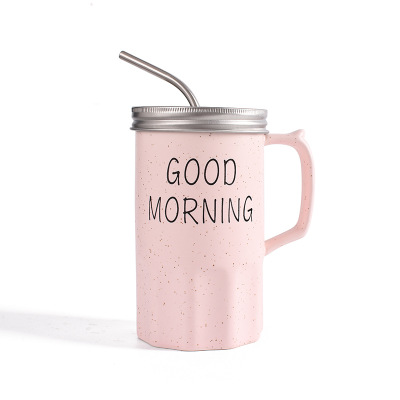 GOODMORNING芝麻釉陶瓷马克杯带盖不锈钢吸管杯早餐杯图片
