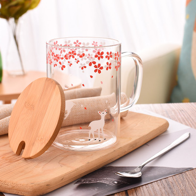 创意竹木盖玻璃杯 带盖带勺可爱卡通图案高硼硅玻璃水杯 透明花茶
