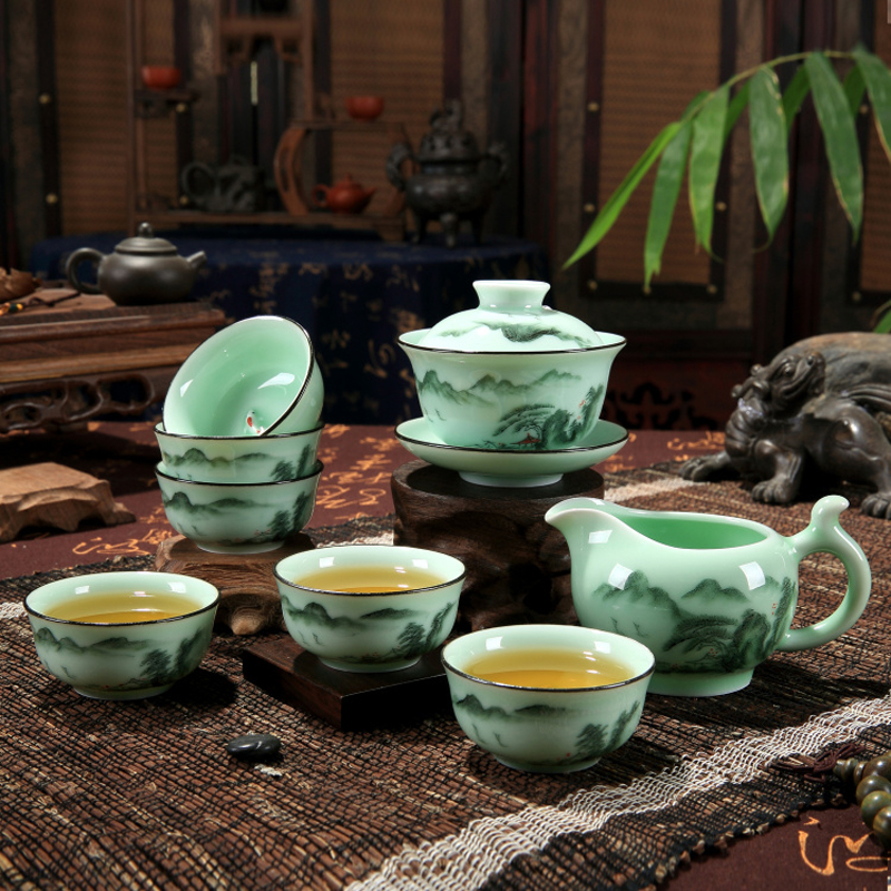 3.8寸陶瓷手绘浮雕鲤鱼功夫茶具 茶杯水杯套装 手绘盖碗八件套