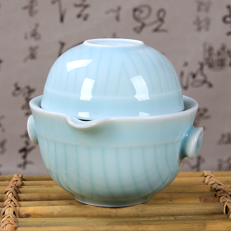 旅行陶瓷茶具 旅行陶瓷茶杯 龙泉青瓷手绘快客杯