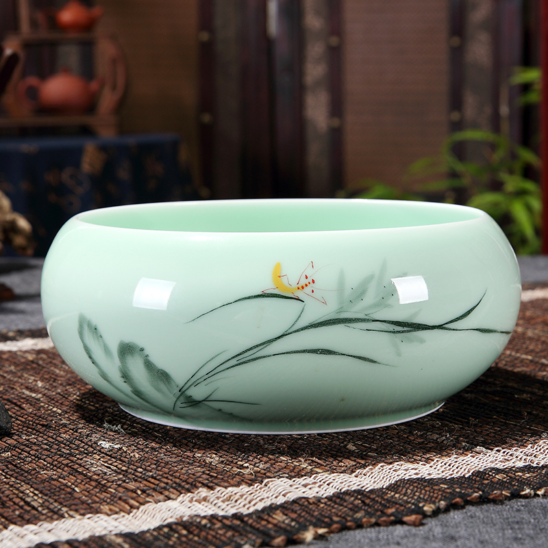 陶瓷青瓷手绘浮雕鲤鱼茶洗杯洗