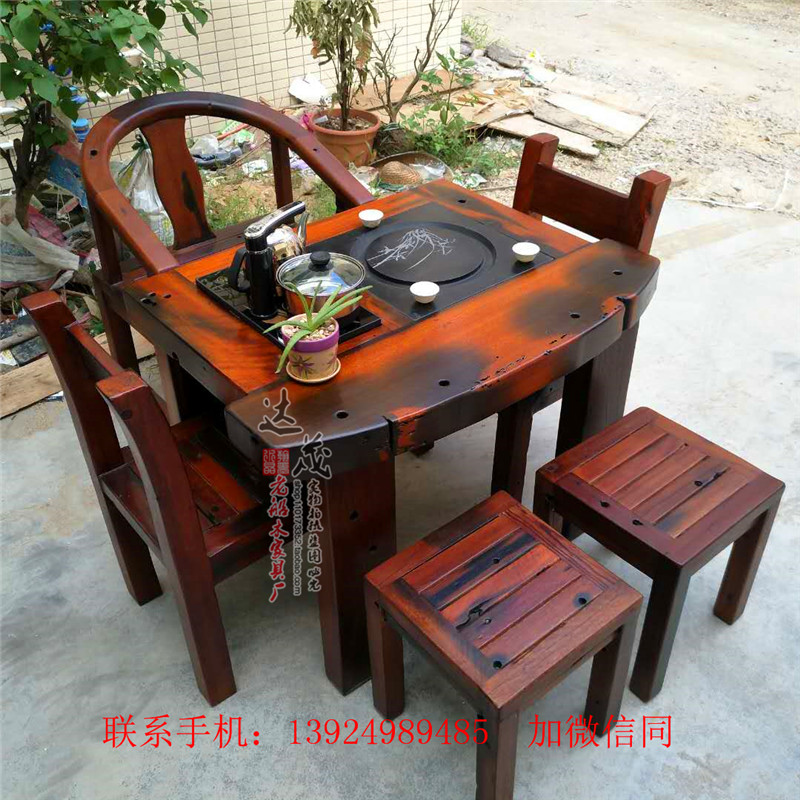 阳台老船木茶桌椅组合方形小茶艺桌喝茶几桌实木仿古老船木茶台