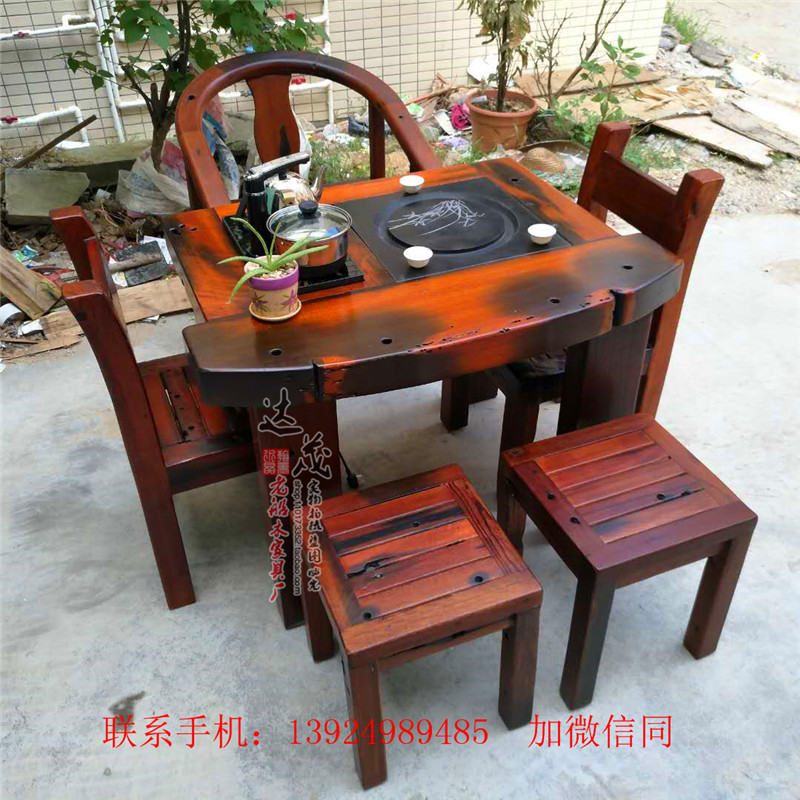 阳台老船木茶桌椅组合方形小茶艺桌喝茶几桌实木仿古老船木茶台