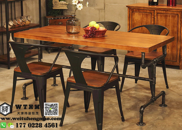 天津美式复古铁艺实木餐桌椅，咖啡厅餐桌椅组合，来图来样定做图片